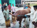 ritual sapi Pembina Masjid Shiratalmustaqim, Setiyono (dua dari kanan), memandikan sapi pada tradisi memandikan hewan kurban sebelum disembelih dalam perayaan Hari Raya Idul Adha di halaman Masjid Shiratalmustaqim, dukuh Manggung, Desa Pagerjurang, Kecamatan Musuk, Kabupaten Boyolali, Jawa Tengah, Rabu, 27 Mei 2026. (Foto: Agatha Janendra)